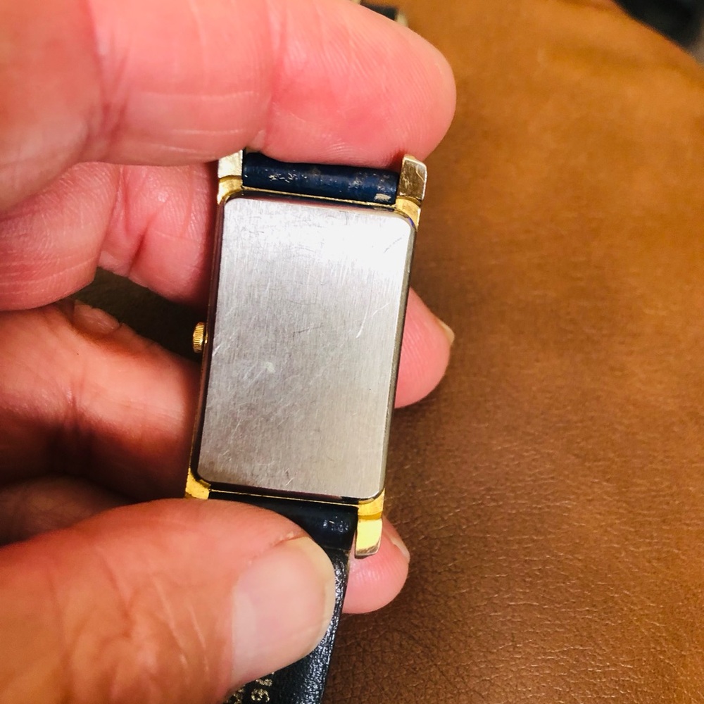 Gold Rectangular Watch With Blue Strap - image 2